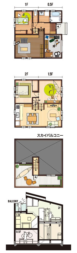 32坪 東玄関プラン 4LDK (1.5Fキッチン) 間取り図